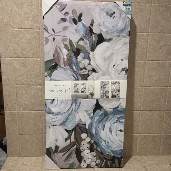 Two Piece Floral Canvas Wall Art - Lavender Blue & White